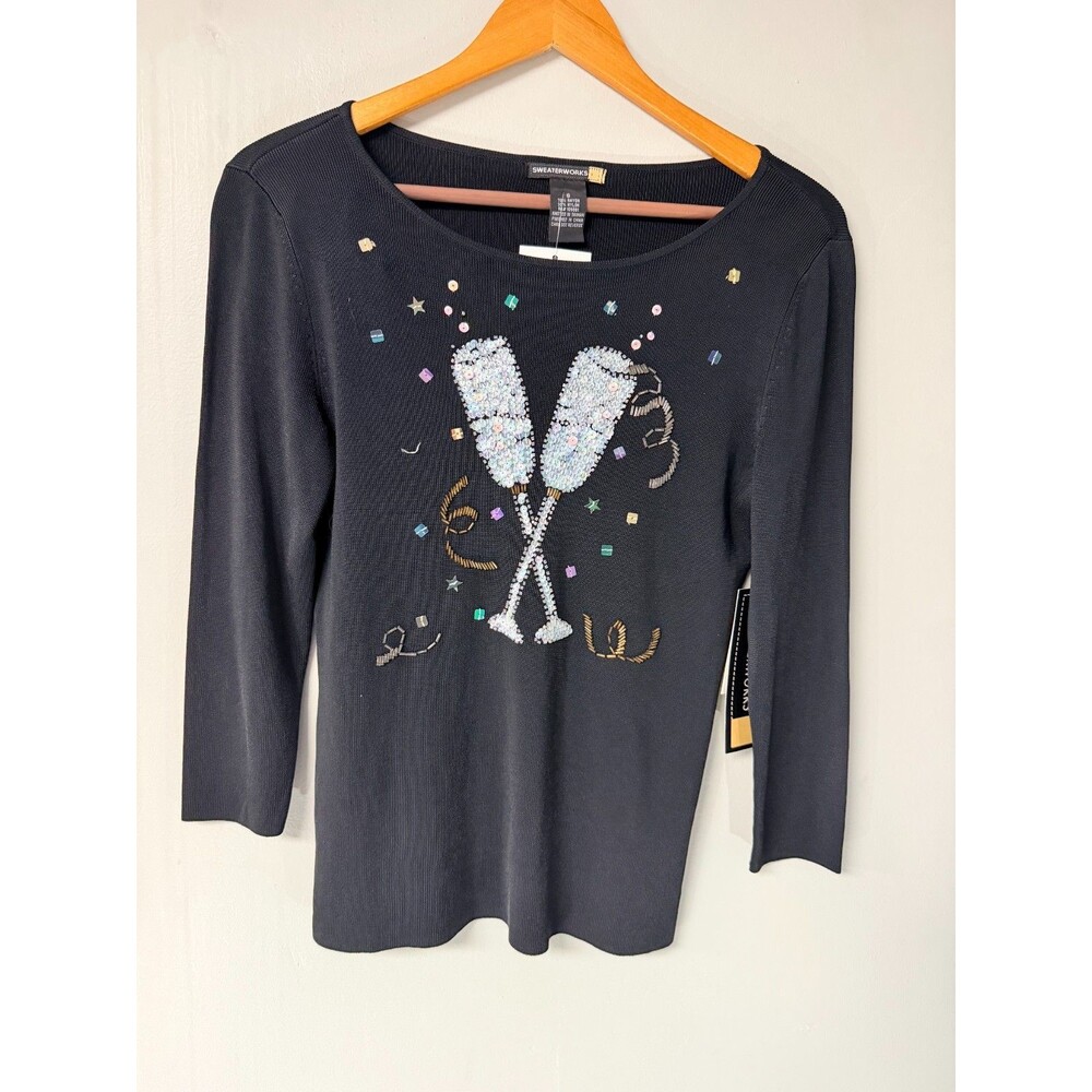 Sweaterworks Womens S Black Beaded Sequin Champagne Glass Sweater NWT Party
